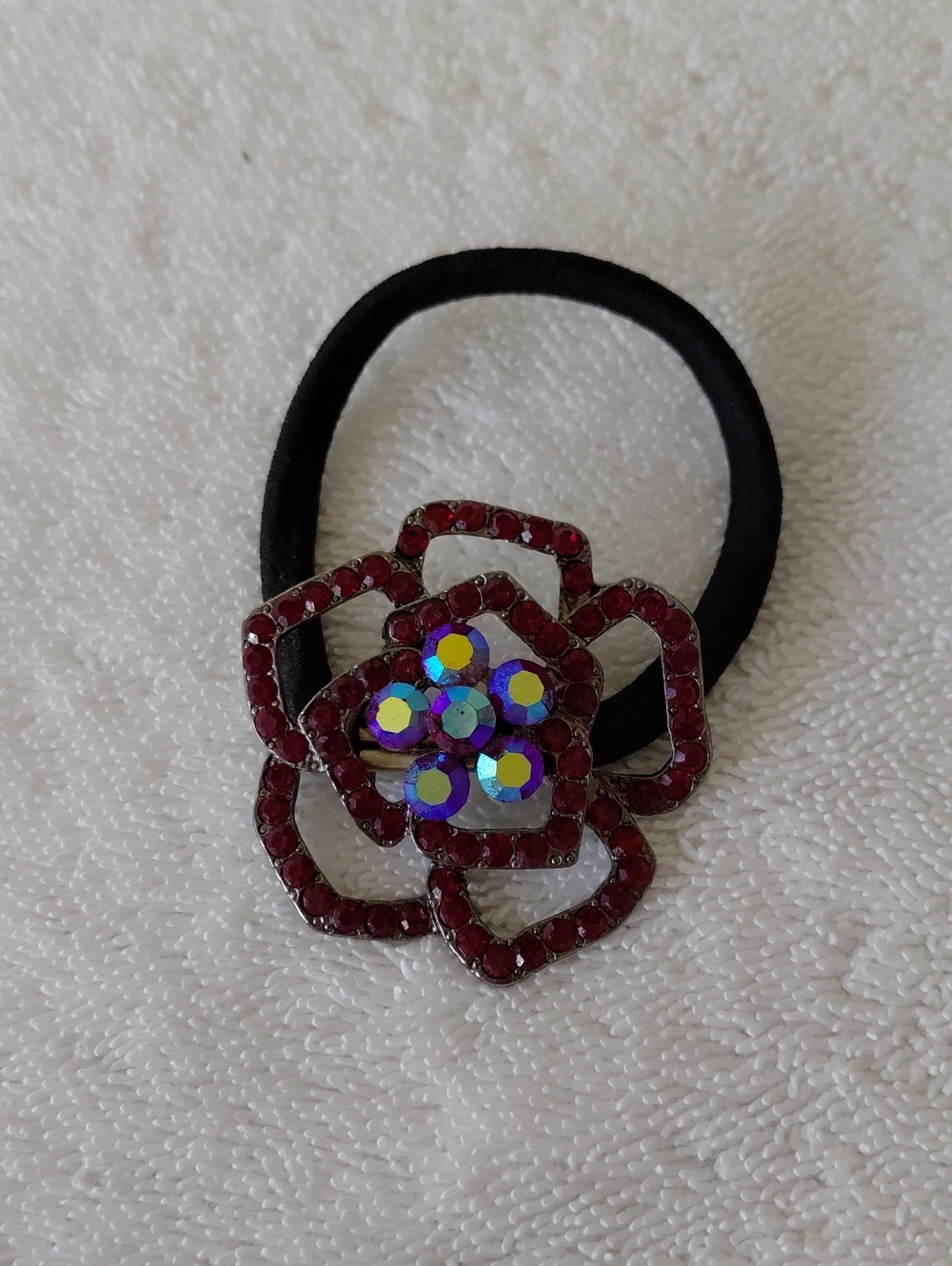 Rhinestone Flower Hair Tie - Red Crystal Accent